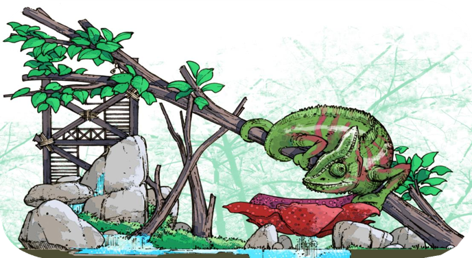 Boceto de diseño: camaleón gigante y cabaña en el árbol